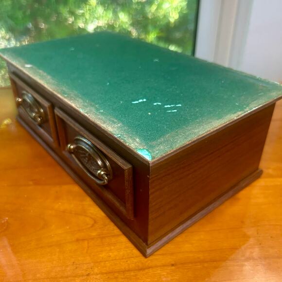 Vintage Wooden Parquet Style Two-Drawer Jewelry Trinket Box with Brass Pulls - Picture 15 of 16